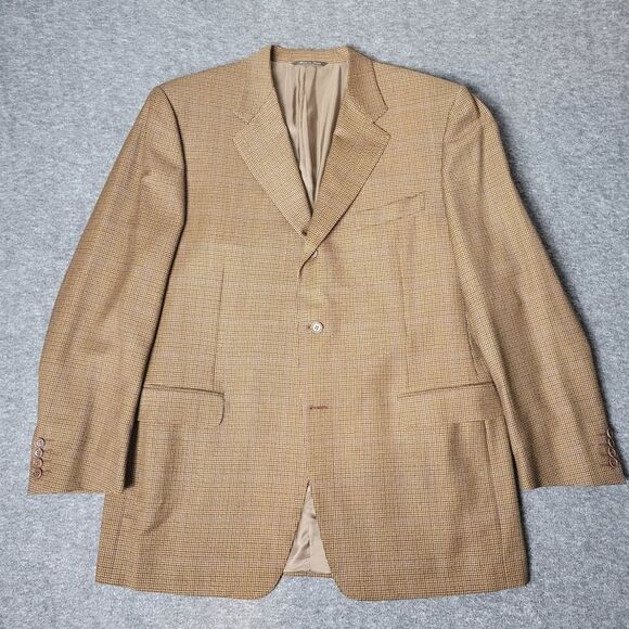 Canali Blazer Mens Size  L Wool 3 Buttons Brown Houndstooth Check Tweed Coat - Picture 1 of 16